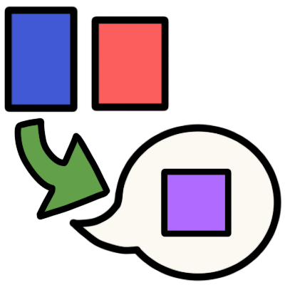 a blue rectangle and a red rectangle, with an arrow pointing from them to a speech bubble containing a single purple square.